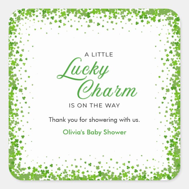 Pegatina Cuadrada St Patrick's Day A Little Lucky Charm Baby Shower  (Anverso)