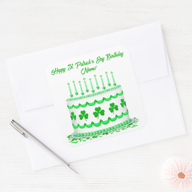 Pegatina Cuadrada St Patrick's Day Birthday Cake Custom Candles (Sobre)