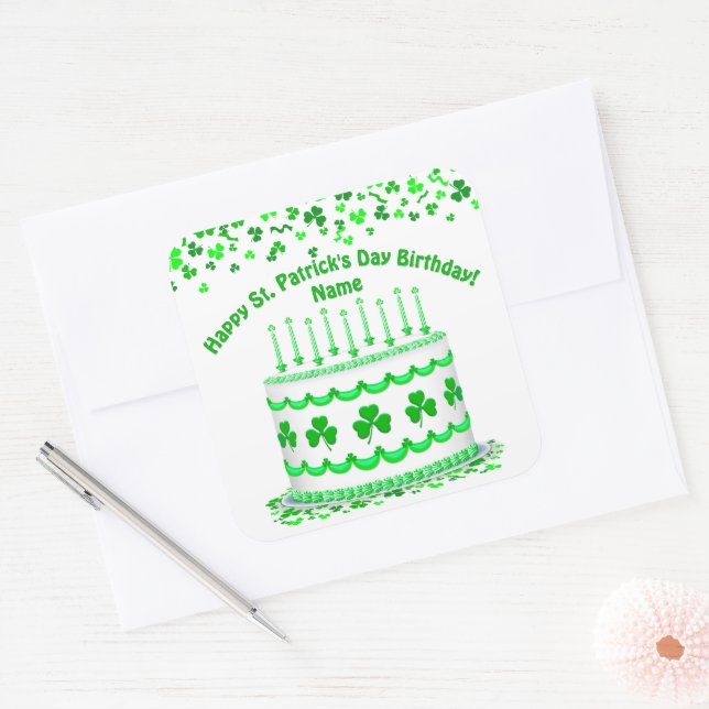 Pegatina Cuadrada St Patrick's Day Birthday Cake Custom Candles (Sobre)