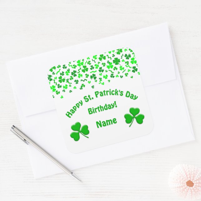 Pegatina Cuadrada St Patrick's Day Birthday Green Shamrocks Confetti (Sobre)