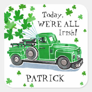 Pegatina Cuadrada St. Patrick's Day Green Vintage Truck Add Name