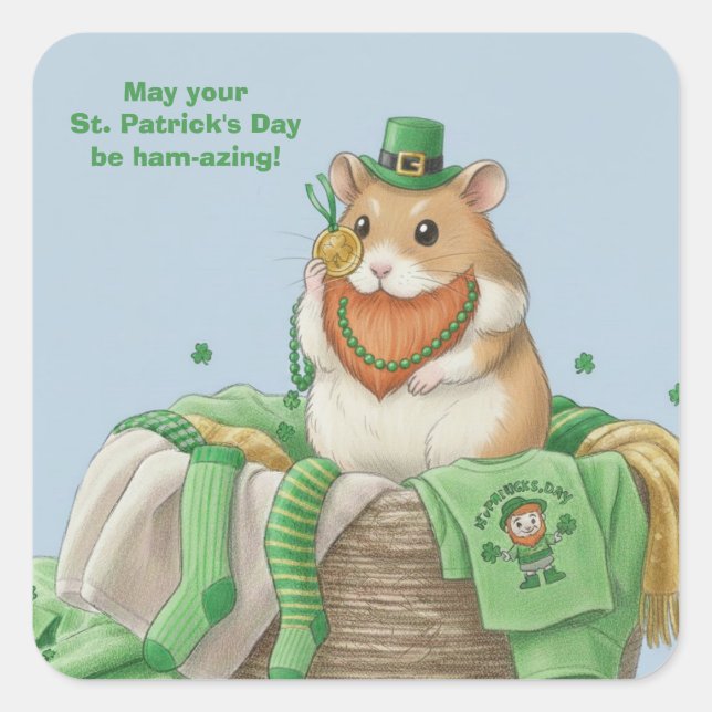 Pegatina Cuadrada St. Patrick's Day Hamster Stickers (Anverso)