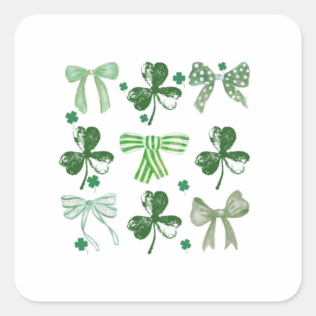 Pegatina Cuadrada St. Patrick's Day Lucky Clover and Bow (Anverso)