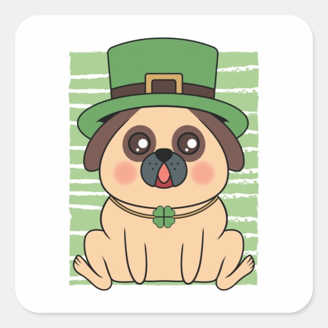 Pegatina Cuadrada St. Patrick's Day Pug Dog Lucky Shamrock (Anverso)