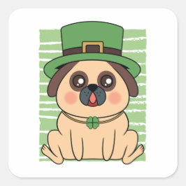 Pegatina Cuadrada St. Patrick's Day Pug Dog Lucky Shamrock