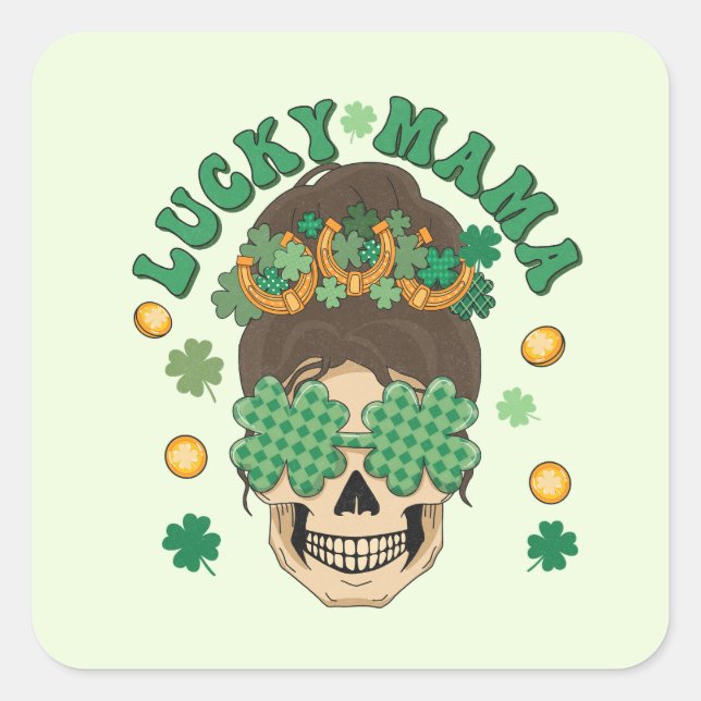 Pegatina Cuadrada St. Patrick's Lucky Mama Skeleton (Anverso)