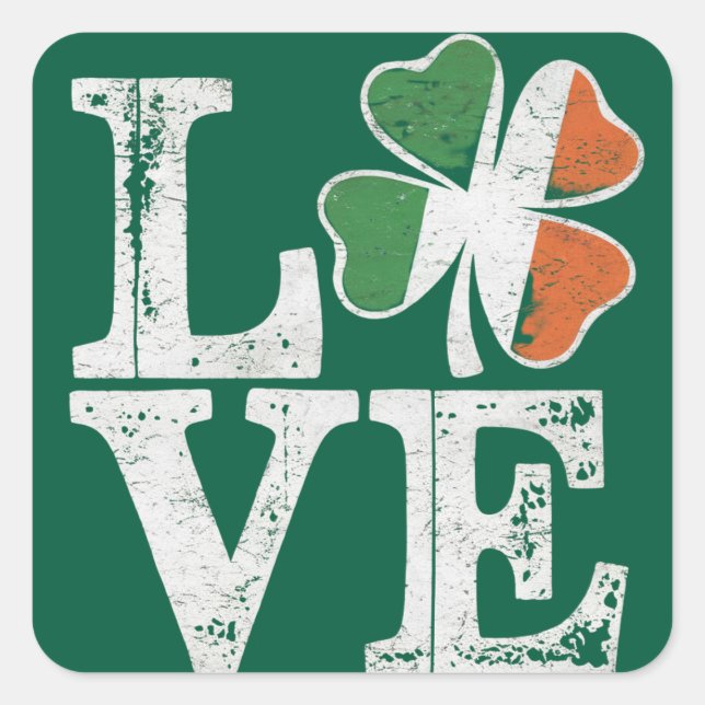 Pegatina Cuadrada St Patrics Day Love Lucky Irish Shamrock Green (Anverso)