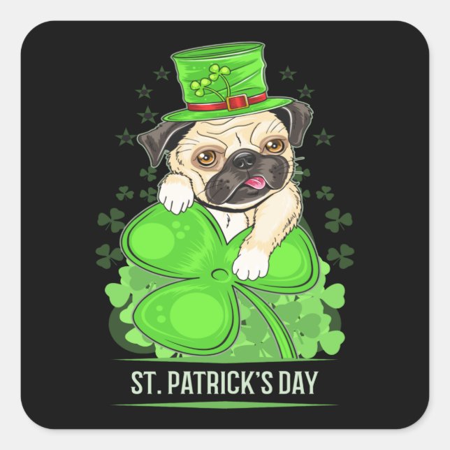 Pegatina Cuadrada St Patrics Day Puppy Pug (Anverso)