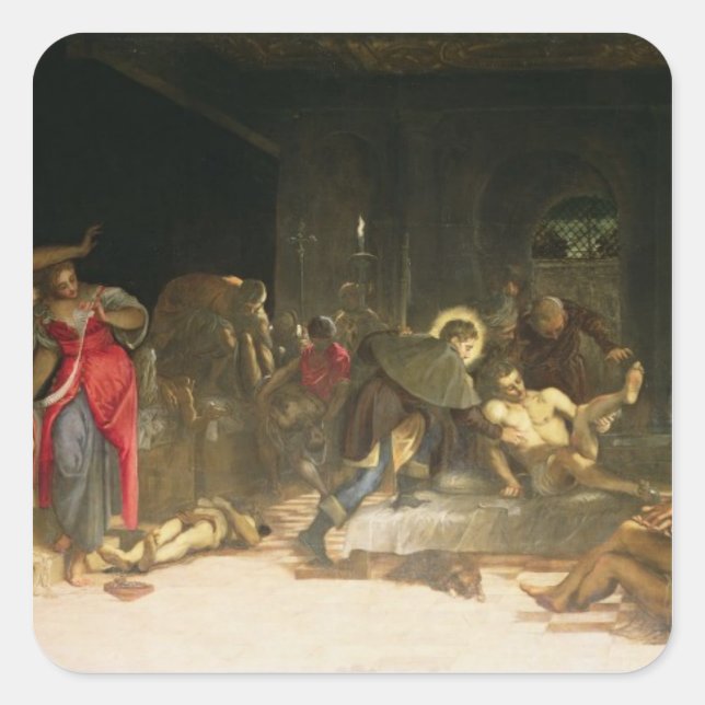 Pegatina Cuadrada St. Roch curando la plaga (Anverso)