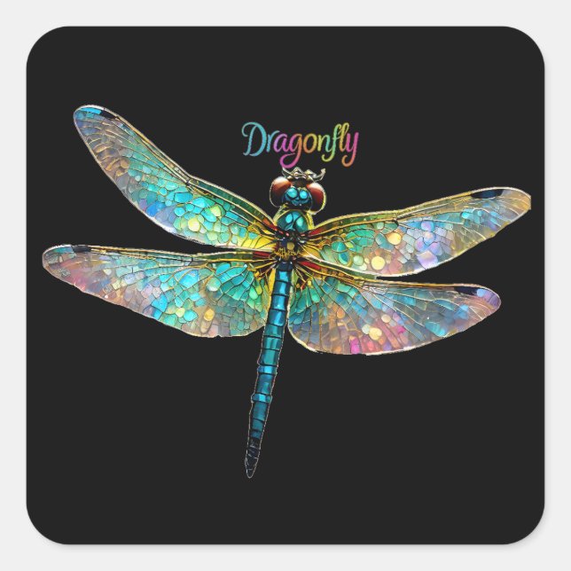 Pegatina Cuadrada Stained Glass Colorful Dragonfly (Anverso)