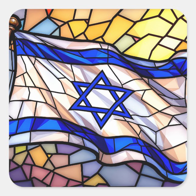 Pegatina Cuadrada Stained Glass Israel Flag Mosaic Judaica Art  (Anverso)