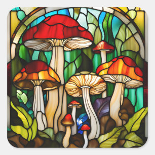 Pegatina Cuadrada Stained Glass Mushroom Art