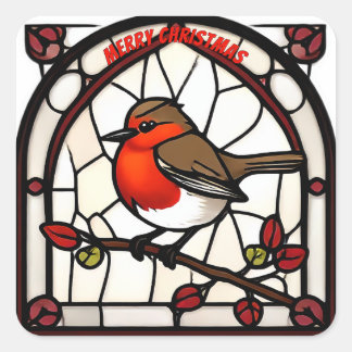 Pegatina Cuadrada  Stained Glass Robin Redbreast "Merry Christmas"