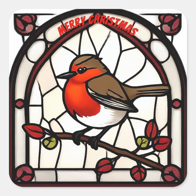 Pegatina Cuadrada  Stained Glass Robin Redbreast "Merry Christmas" (Anverso)