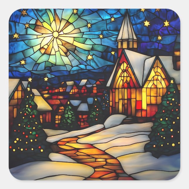 Pegatina Cuadrada Stained Glass Winter Village (Anverso)