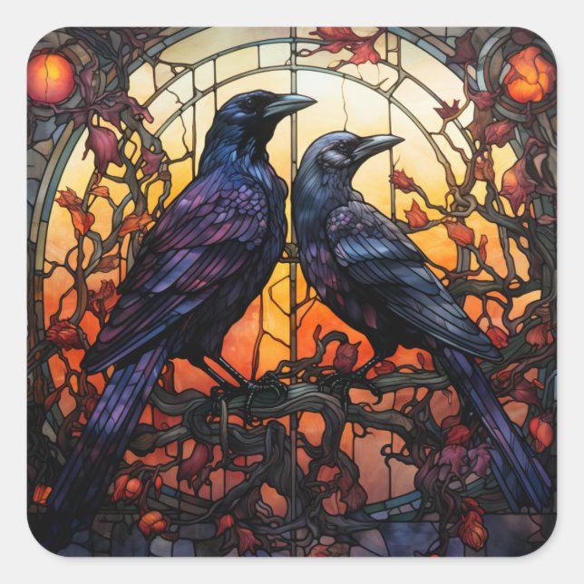 Pegatina Cuadrada StainGlass Ravens (Anverso)