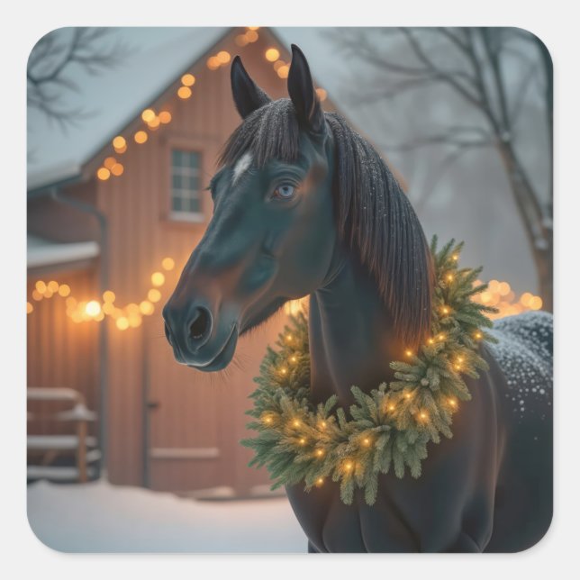 Pegatina Cuadrada Stallion Con Navidades Wreath (Anverso)
