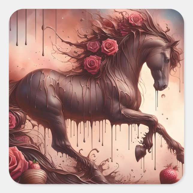 Pegatina Cuadrada Stallion de chocolate y Rosas (Anverso)
