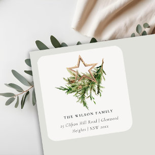 Pegatina Cuadrada Star Ornament Pine Fauna Merry Christmas Address