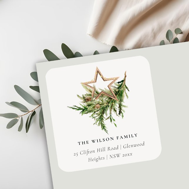 Pegatina Cuadrada Star Ornament Pine Fauna Merry Christmas Address (Subido por el creador)