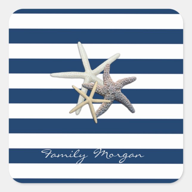 Pegatina Cuadrada Starfish Adorable, Navy Blue Stripes Personalizado (Anverso)