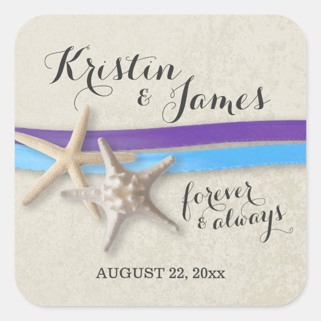 Pegatina Cuadrada Starfish and Ribbon Purple and Blue Beach (Anverso)