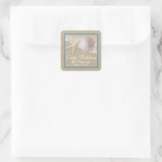 Pegatina Cuadrada Starfish and Sand Dollar Burlap Beach Bat Mitzvah