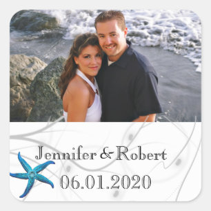 Pegatina Cuadrada Starfish azul con boda de coral plateado