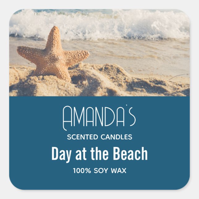 Pegatina Cuadrada Starfish en Sandy Beach Photograph Candle Biz (Anverso)
