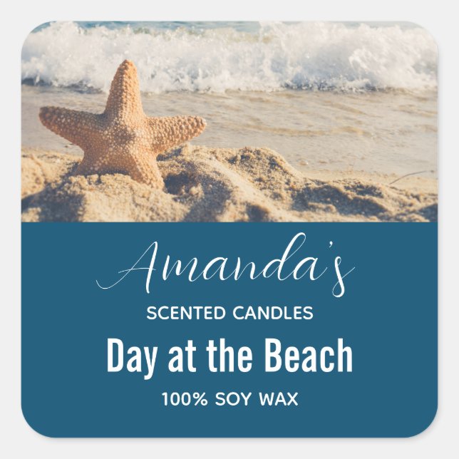 Pegatina Cuadrada Starfish en Sandy Beach Photograph Candle Biz (Anverso)