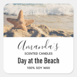 Pegatina Cuadrada Starfish en Sandy Beach Photograph Candle Biz