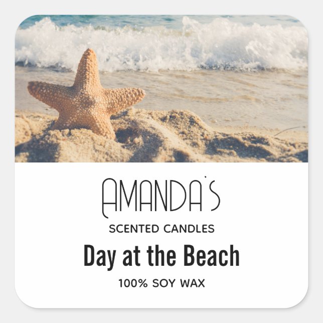 Pegatina Cuadrada Starfish en Sandy Beach Photograph Candle Biz (Anverso)