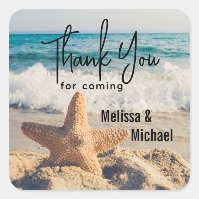 Pegatina Cuadrada Starfish en un Boda de fotos de Sandy Beach (Anverso)