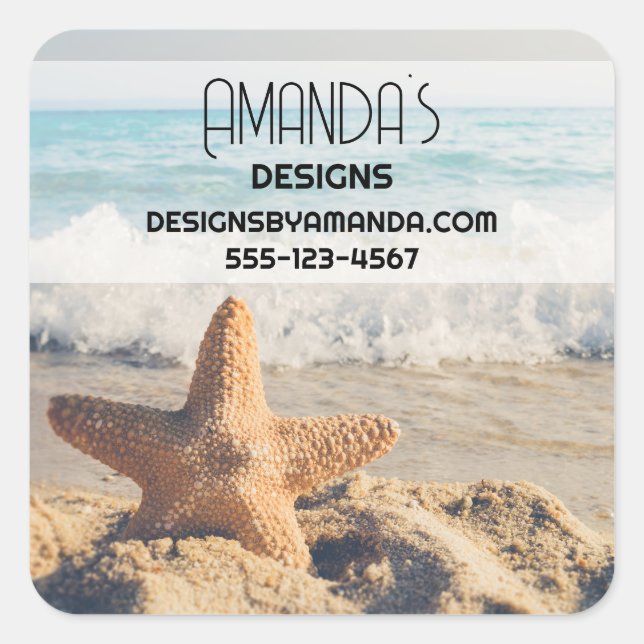 Pegatina Cuadrada Starfish en un negocio de fotografías en arena (Anverso)
