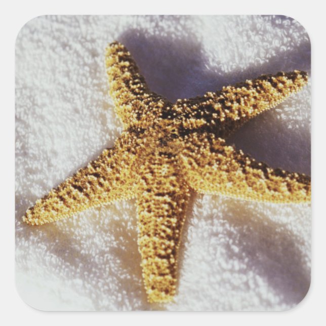 Pegatina Cuadrada Starfish En Una Toalla (Anverso)