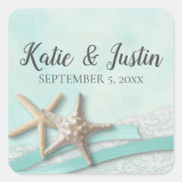 Pegatina Cuadrada Starfish Lace y Ribbon Romantic Beach Wedding