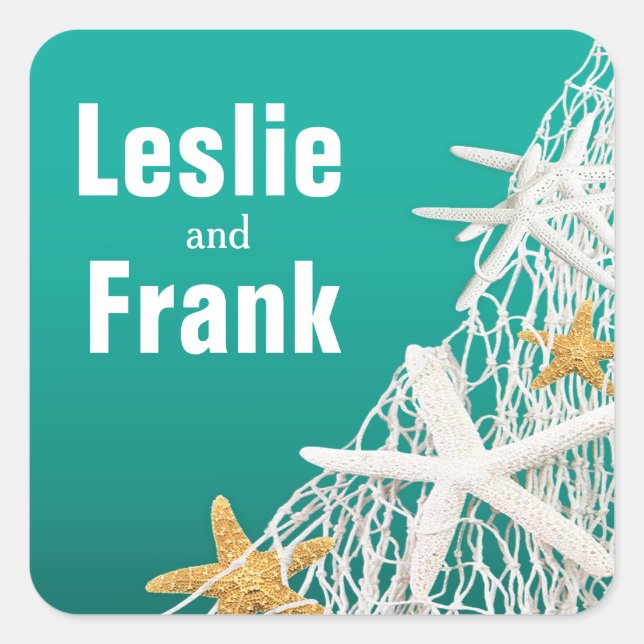 Pegatina Cuadrada Starfish Netting Beach Wedding Favor | aqua (Anverso)