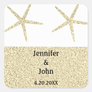 Pegatina Cuadrada Starfish Tropical Gold Purpurina Boda blanco