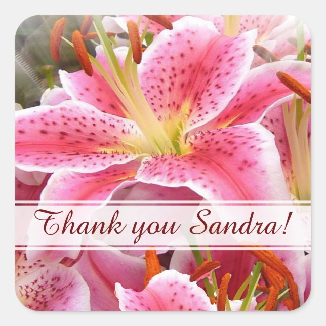 Pegatina Cuadrada Stargazer Lilies personalizado Gracias (Anverso)