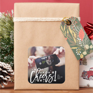 Pegatina Cuadrada Starry Cheers Brush Script Moderna Foto de Año Nue