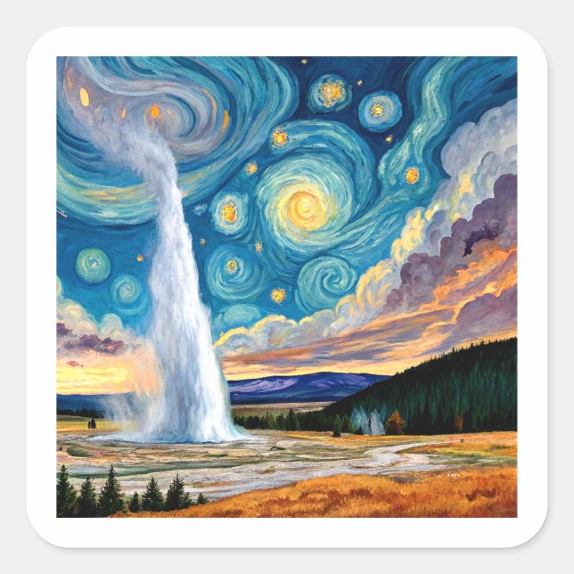 Pegatina Cuadrada Starry Night Old Faithful Yellowstone Park (Anverso)
