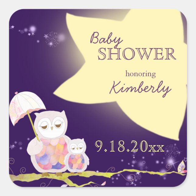 Pegatina Cuadrada Starry Night Owls Baby Shower (Anverso)