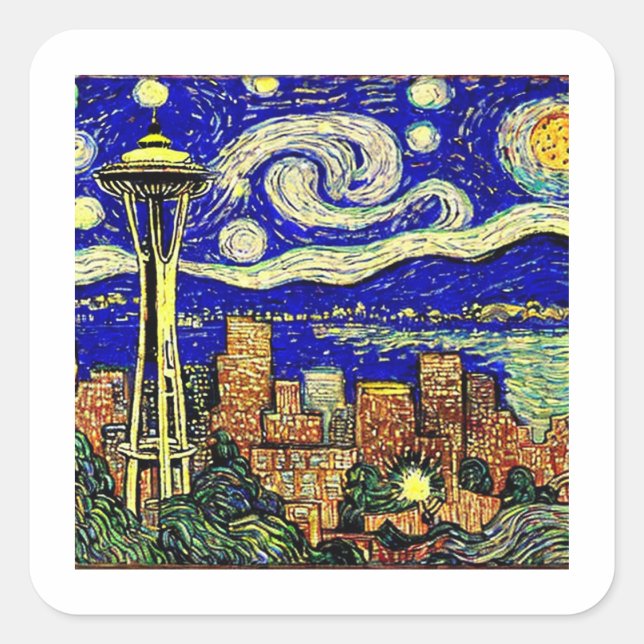 Pegatina Cuadrada Starry Night Seattle Washington (Anverso)