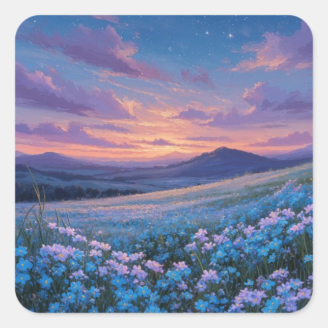 Pegatina Cuadrada Starry Night Sky Over Blue Wildflower Meadow (Anverso)