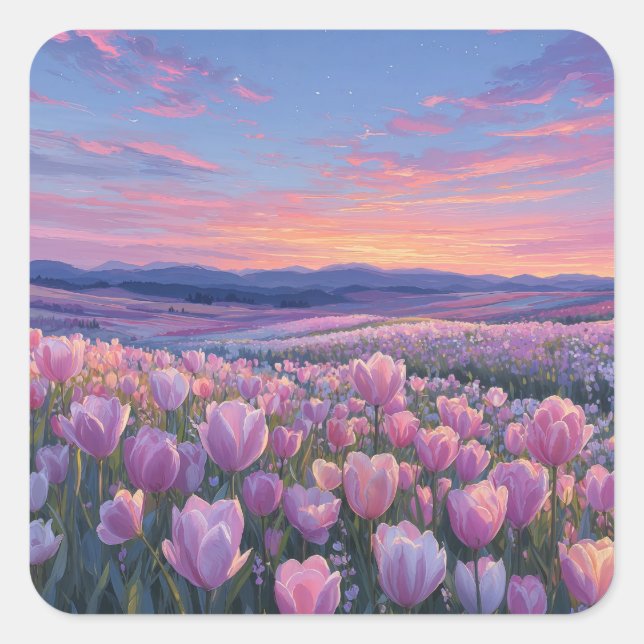 Pegatina Cuadrada Starry Night Sky Over Pink Tulip Meadow (Anverso)