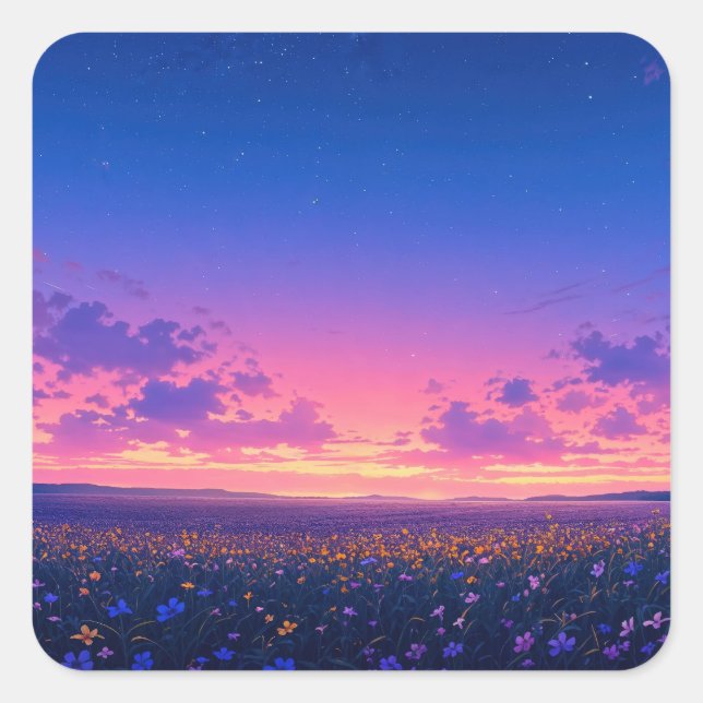 Pegatina Cuadrada Starry Night Sky Over Purple and Yellow Wildflower (Anverso)