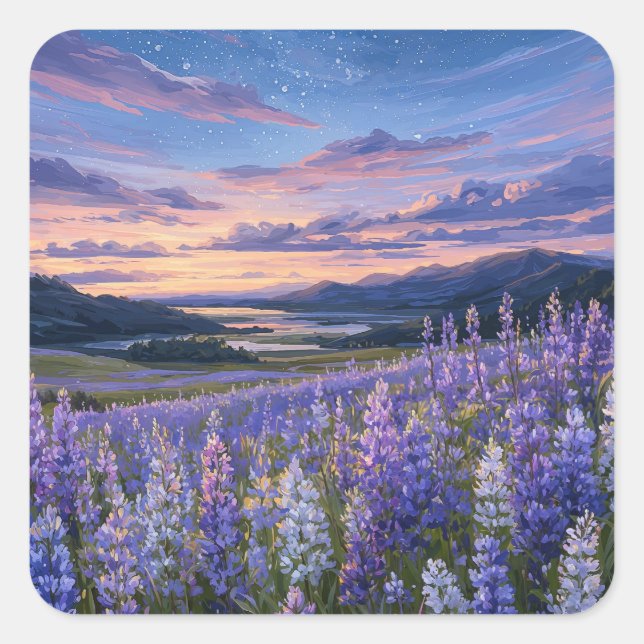Pegatina Cuadrada Starry Night Sky Over Purple Lupine Meadow (Anverso)