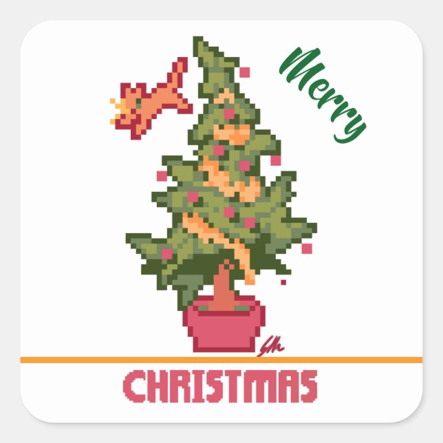 Pegatina Cuadrada stealing cat, tree, Pixel Art, Merry Christmas  (Anverso)