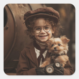 Pegatina Cuadrada Steampunk Boy y Puppy