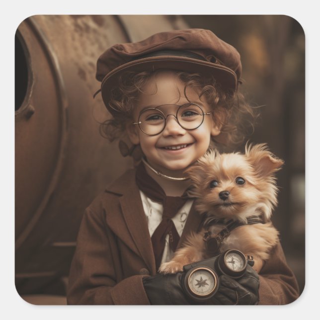 Pegatina Cuadrada Steampunk Boy y Puppy (Anverso)